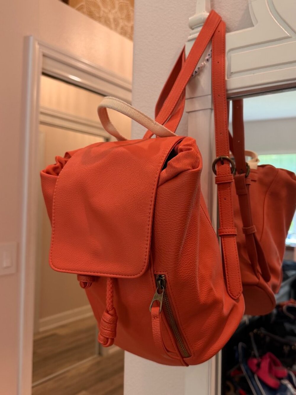 Universal Thread Orange Faux Leather Drawstring Snap Backpack